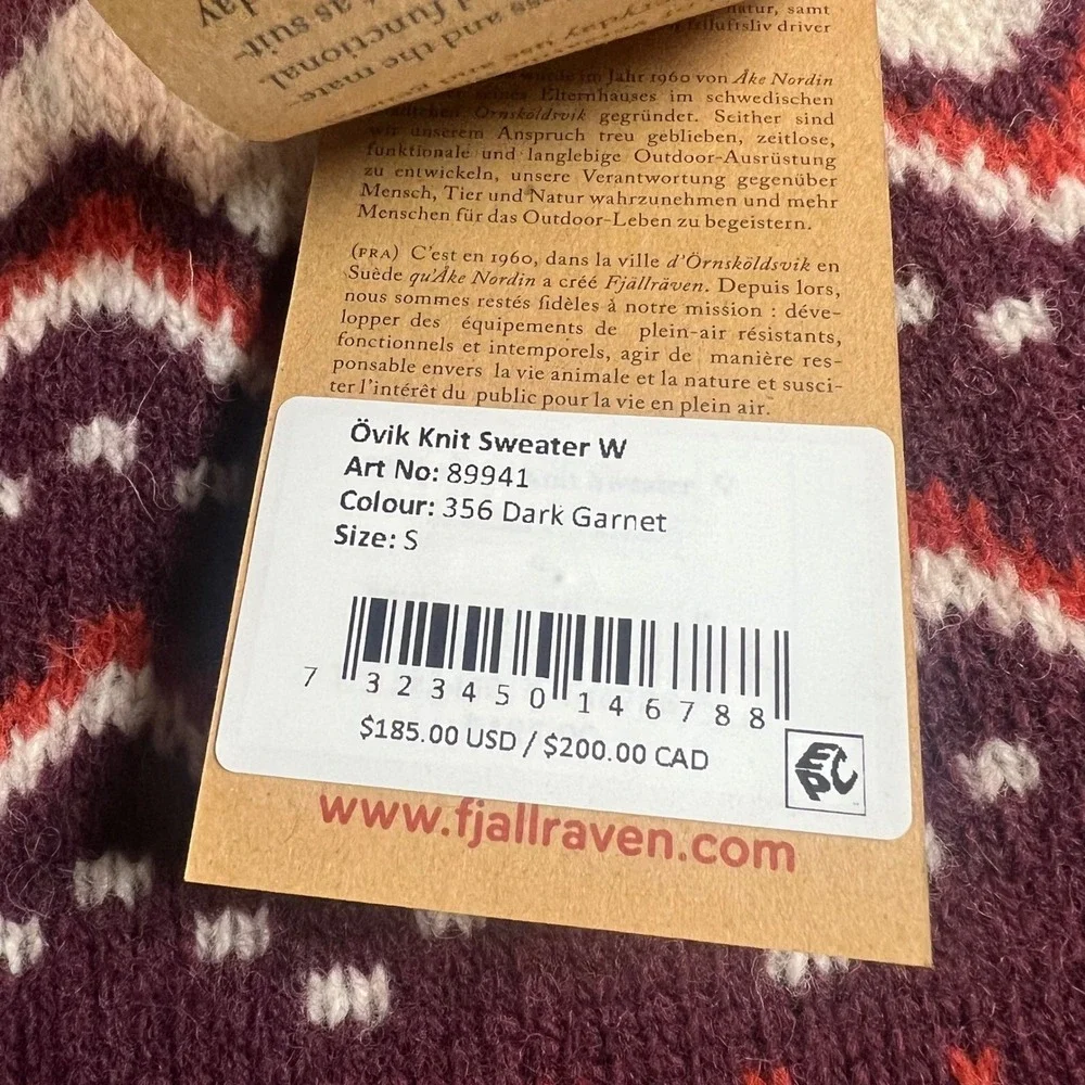 NWT Fjallraven Women's S Ovik Knit Sweater Dark Garnet 100% Wool Nordic 89941
